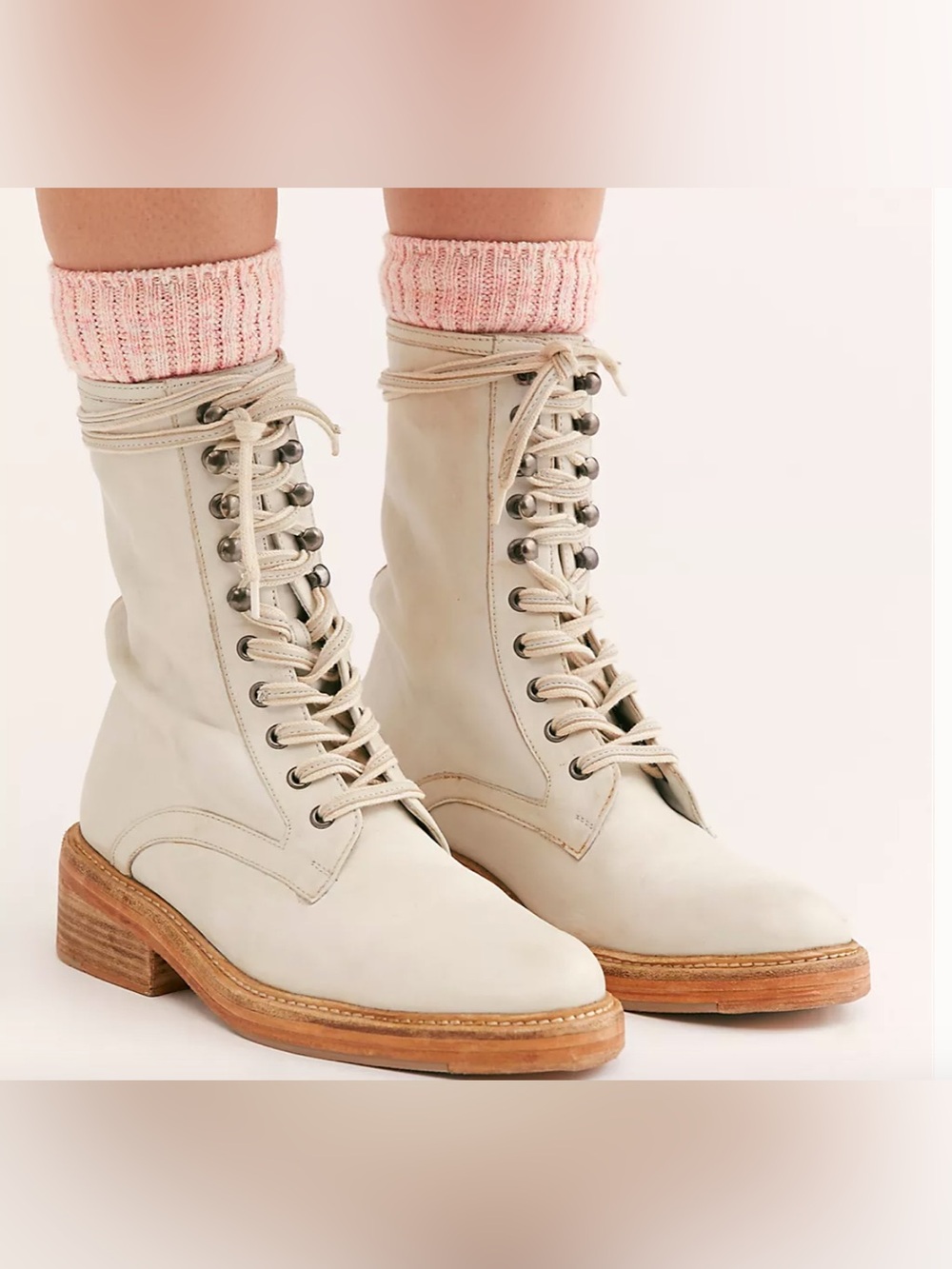 Free People Santa Fe Distressed Leather Lace-Up Boots in Ivory 37 - Picture 1 of 15